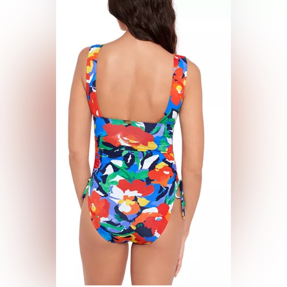 LRL Lauren Ralph Lauren Floral Shirred Plunge One Piece Swimsuit - Picture 3 of 9